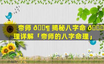 帝师 🐶 揭秘八字命 🕊 理详解「帝师的八字命理」